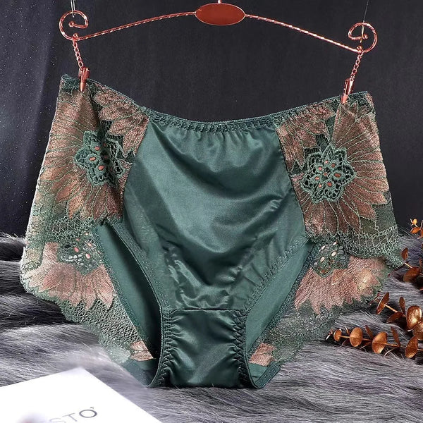 Women Lace Flowers Panties Sexy Hollow Temptation Silk Breathable Underwear Tummy Mid Waist Butt Lift Briefs Intimate Panty