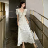 Elegant Lady V-Neck Polka Dot Dress French Ruffles Bubble Sleeve Lace Up Vestidos Temperament Waist Tight A-Line Long Robes