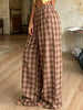 Women Vintage Aesthetic Casual Plaid Print Barrel Pants Drawstring Elastic Waist Loose Straight Pants with Pockets Streetwear