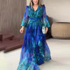 Women Dresses Long Sleeve Sexy V Neck Dress Hollow Print Dress High Waist Vestidos Ruffle Ankle Length Sight Strech Autumn