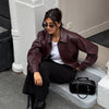 Retro Solid Lace Up Leather Short Jackets Women Chic Lapel V-neck Waist Cinching Cropped Jackets Lady Daily High Street Outwear