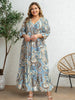 Plus Size Women's Blue-Brown Ethnic Paisley Print V-Neck Half Sleeve Tie Waist Dress