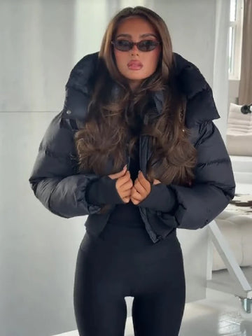 Women's Winter Retro Hooded Cotton Jacket Chic Solid Thick Warm Zip Up Long Sleeve Short Coat Lady Daily Casual Streetwear