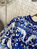 Spring Autumn Retro Palace Long Sleeved Standing Neck Waist Slim Appearance Single woman Breasted A-line Celadon Print Dress