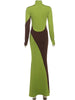 Contrast Patchwork Dress Woman Classic Ruched Turtleneck Full Sleeve Skinny Stretch Casual Elegant Vestidos