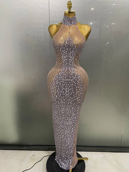Sexy Sparkly Silver Rhinestone See Through Mesh Long Dress Women Evening Birthday Party Bar Stage Show Costume
