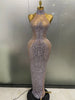 Sexy Sparkly Silver Rhinestone See Through Mesh Long Dress Women Evening Birthday Party Bar Stage Show Costume