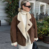 French Vintage Lamb Wool Women Coat Patchwork Full Sleeve Lapel Parka Coat Loose Winter Warm Jacket Thicken Pocket Lady Overcoat