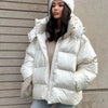 Casual Women's Glossy Hooded Cotton Coats Puffy Stand Collar Zipper Long Sleeve Warm Jackets Winter Lady Down Jacket
