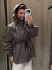 Minimalist Autumn Winter Jacket Women Coat Plaid Hooded Windbreaker Drawstring Waist Loose Mid Casual Outerwear Jacket Female