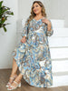 Plus Size Women's Blue-Brown Ethnic Paisley Print V-Neck Half Sleeve Tie Waist Dress