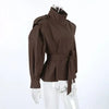 Solid Lace Up Short Trench Coat Lady Chic Stand Collar Wide Shoulder Full Sleeve Loose Coats Daily Casual Windbreaker