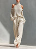 Boho Women's Two Piece Outfit Cold Shoulder Hollow Out Turtleneck Knit Sweater and High Waist Wide Leg Pants Casual Matching Set