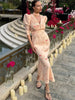 Elegant Printed V-Neck Long Dress Female High Waist Bandage Slim Contrast Party Dress Evening Women's Lace-Up Maxi Dress