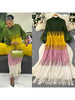 Tassel Patchwok Color Block Dress for Women Pleated Puff Sleeve Mid-calf Dresses Female Autumn