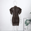 Sexy Lace See Through Party Dress Women Slim Fly Sleeve O-neck Evening Solid Dresses Female Patchwork Pleated Robe Lady