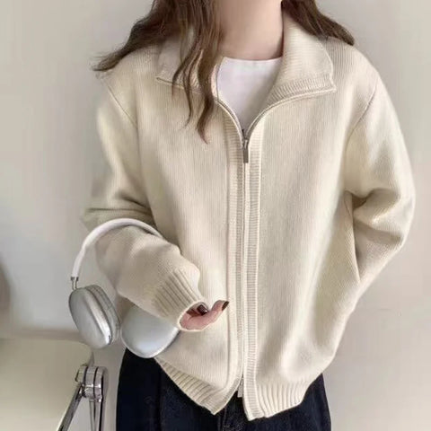 Double-zip Stand Collar Sweater Coat Women Solid Color Casual Knitted Cardigan Woman Korean Style Autumn Winter Sweater