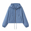 Autumn Women Plaid Hooded Cropped Jacket Zipper Drawstring Hem Long Sleeve Loose Casual Outerwear Lady Outfit