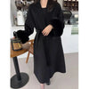Women Autumn Winter Woolen Coat French Style Fur Sleeves Mid-Length Woolen Coat Women Long Coat Loose Outwear