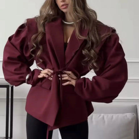 Elegant Commute Blazer Jacket Female Lace-Up Loose Pocket Patchwork Lapel Party Looks Outwear For Women Bandage Coat Jackets