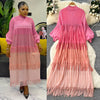 Tassel Patchwok Color Block Dress for Women Pleated Puff Sleeve Mid-calf Dresses Female Autumn