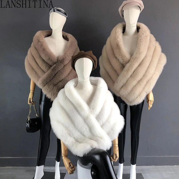 Woman Real Fox Fur Shawl Vest Jacket Fluffy Fur Cape Natural Fur Poncho Fur Lady Scarf Wrap Coat Shawl Wedding Party Clothing