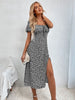 Women's Boho Curvy Holiday Outfits Frenchy Style Ditsy Floral Print Ruched Split Thigh Milkmaid Puff Sleeve Square Neck Dress