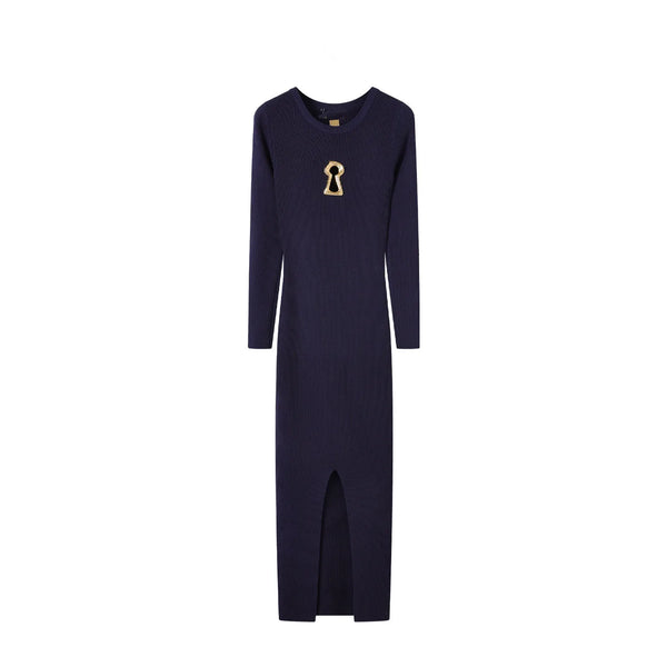 Spring Autumn Metal Deco Knitted Dress For Women Round neck Long Sleeve Split Slim Mid Length Sweater Dresses