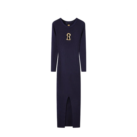 Spring Autumn Metal Deco Knitted Dress For Women Round neck Long Sleeve Split Slim Mid Length Sweater Dresses