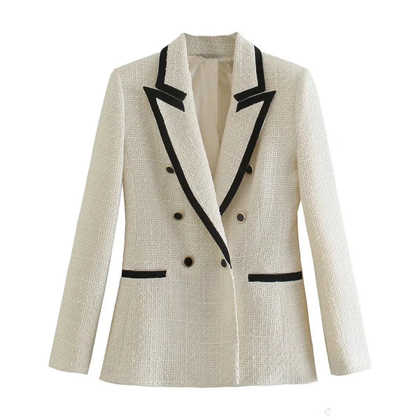 Women Double Breasted Tweed Blazer Coat Vintage Long Sleeve Pockets Female Outerwear Autumn Winter Jacket Casual Blazer