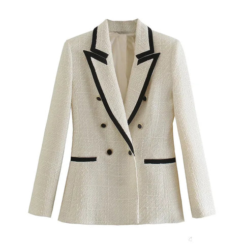 Women Double Breasted Tweed Blazer Coat Vintage Long Sleeve Pockets Female Outerwear Autumn Winter Jacket Casual Blazer