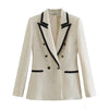Women Double Breasted Tweed Blazer Coat Vintage Long Sleeve Pockets Female Outerwear Autumn Winter Jacket Casual Blazer