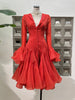 Women's Irregular Pleated Patchwork Long Flare Sleeve Waist Cinching Midi Dresses Female Clothing