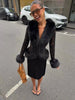 Black Faux Fur Collar Leather Jacket Elegant Lapel V-neck Waist Cinching Long-sleeved Short Coats Lady Winter Commute Coat