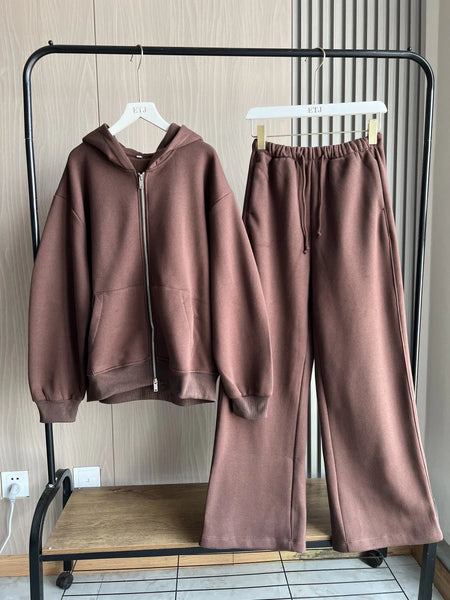 Fall/Winter women's casual sports oversized zipper hoodie wide leg mop sweatpants set 4174842