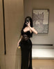 Women Black Lace Slip Dress Sexy Elegant Lady Style Evening Party Dress Slit Long Gown Mature Date Night Ladies Dresses