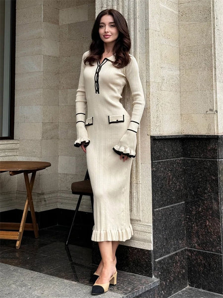 Ruffled Knit Dress Women Autumn Ribbed Contrast Long Sleeve High Waist Lapel Gown Dress Knitwear Ladies Maxi Dress