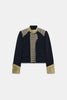 Retro Stand Collar Napoleon Slim Jacket Women Chic Navy Style Full Sleeve Gold Embroidered Coat Lady High Street Outwear