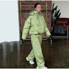 Striped Cotton Jacket Two‑piece Set Women Hooded Zip‑up Coat Wide‑leg Pants Suit Autumn Winter Daily Commute Outfit