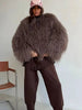 Brown Faux Fur Coat Women's Round Neck Loose Long Sleeves Thick Plush Short Jacket Winter 7A1041