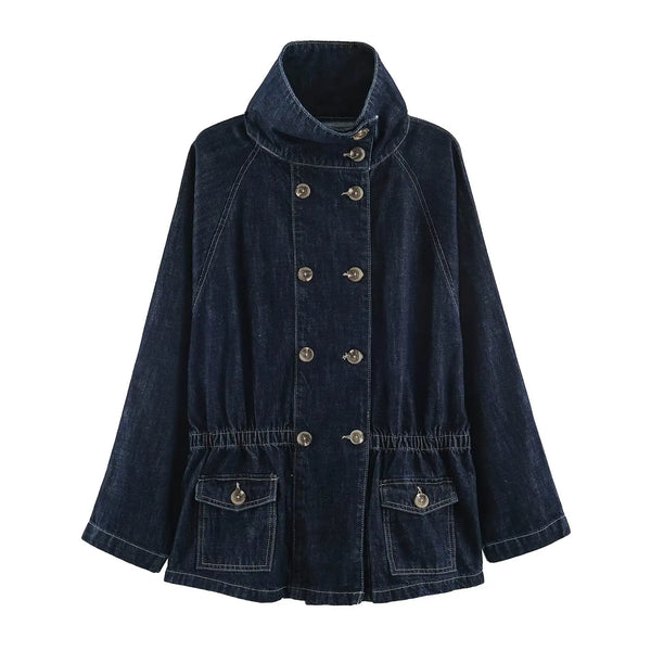 Women's European and American Style Denim Jacket Spring and Autumn Elegant High Street Double Breasted Coats