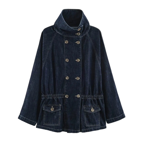 Women's European and American Style Denim Jacket Spring and Autumn Elegant High Street Double Breasted Coats