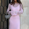 Spring Autumn O-Neck Elastic Knit Long Dresses Women Elegant Chic Soft Lady Hollowing Sweater Dresses Femme