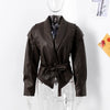 Women Leather Bomber Jackets Coats With Belt Notched Shoulder Pads Motorcycle Street Chic Short Outwear Solid Lace Up