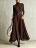 Women Vintage Boho Turtleneck Long Sleeve Maxi Dress Lace Hem Sashes Waist Flowy Long Dress Fall Winter Elegant Ladies Robe