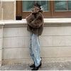 Brown Faux Fur Thicken Coat Women Lapel Long Sleeve Warm Winter Jacket Lady Chic Snap Button High Street Elegant Outerwear