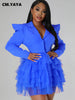 Vintage Women Single Breasted Notched Neck Puff Long Sleeve Mesh Cascading Ruffles Big Swing Blazer Dress Chic Vestidos