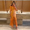 Elegant Ruffle Women's Long Dresses V Neck Half Sleeve Button Waist Cinching Pleated Dress Spring Lady Party Robes