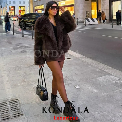 Casual Brown Thick Fur Jackets Women Long Sleeve V Neck Autumn Winter Faux Fur Coats Streetwear Outwears