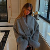 Women's Solid Lapel Woolen Coat Elegant Full Sleeves Lace Up Loose Patchwork V-neck Overcoat Winter Office Commute Jacket